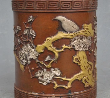 

Marked Old China bronze Gilt Plum Flower Bird Lucky Statue brush pot pencil vase