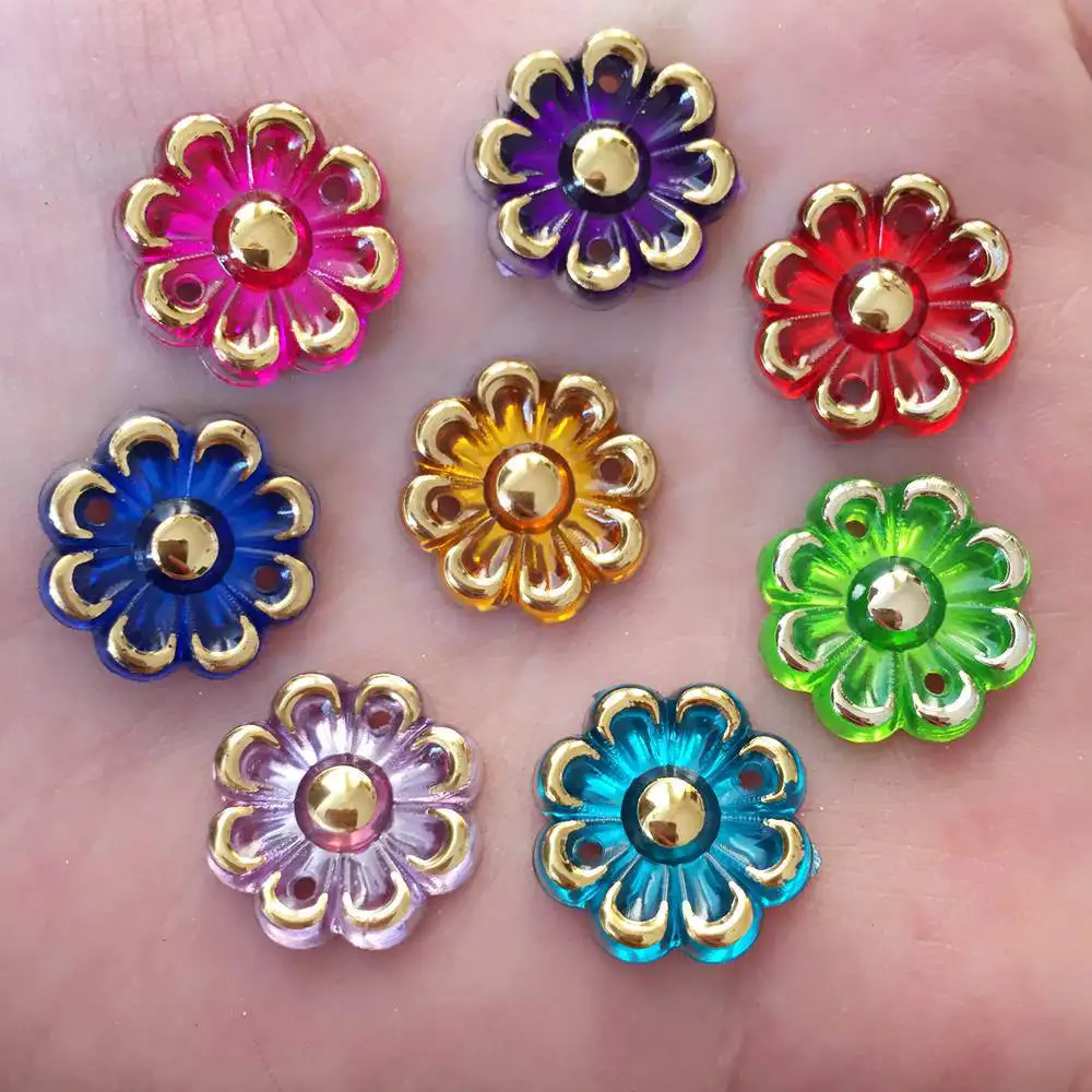 

40PCS Shiny Resin 16mm Flower gold line Flat back rhinestone Wedding Embellishment diy 2 hole appliques SK29*2