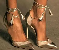 Sestito/2019 г. женские модные туфли-лодочки из PU искусственной кожи с ремешком на щиколотке и кисточками, женские модельные туфли с острым