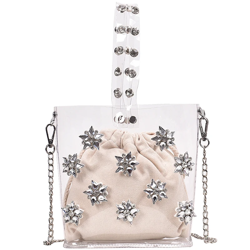 

2019 New Women's Bag Rhinestone Bucket High Quality Luxury Fashion Transparent Diamond Flower Women Purses and Handbags