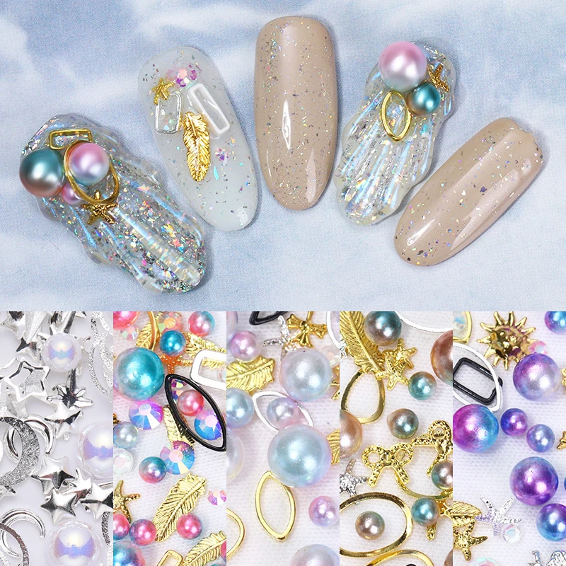 

3D Nail Pearl Multi-size Beads Studs Leaf Star Moon Geometric Mixed Pattern Design Metal Accessories Nail Art Decorations