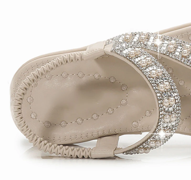 BEYARNEwedding/женские сандалии на плоской подошве; сезон лето; украшенные кристаллами; большие размеры; свадебные туфли без застежки; белые туфли с широким верхом; украшение из жемчуга; обувь с кольцом