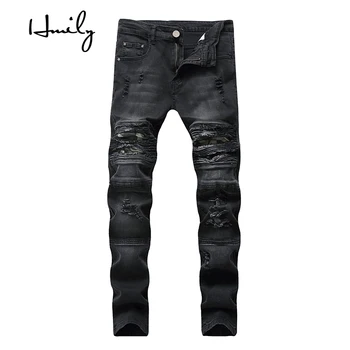 

HMILY new men's jeans Ripped Holes pants Korean style elasticity casual trousers cool stretch man denim high quality pants