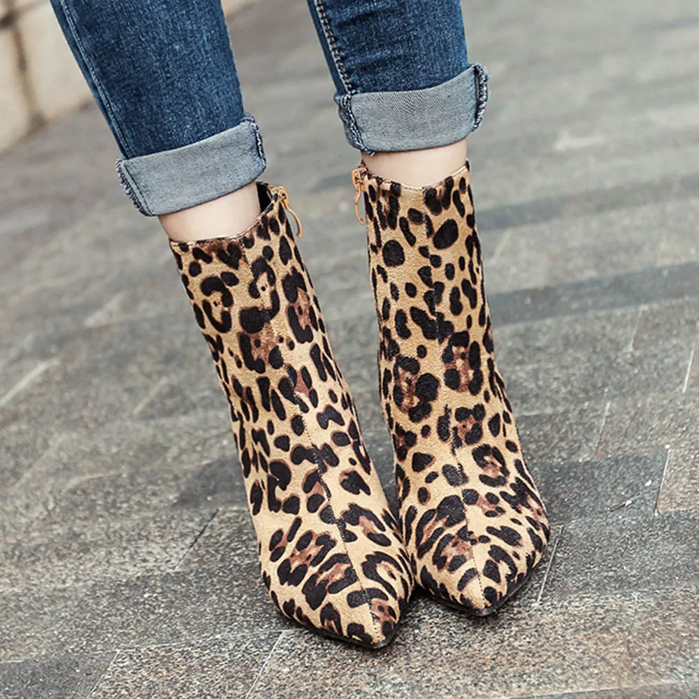 

YOUYEDIAN Winter Boots Women 2019 Leopard print Ankel Boots For Women Pointed Toe Ladies Shoes High Heel Boots Bota Feminina