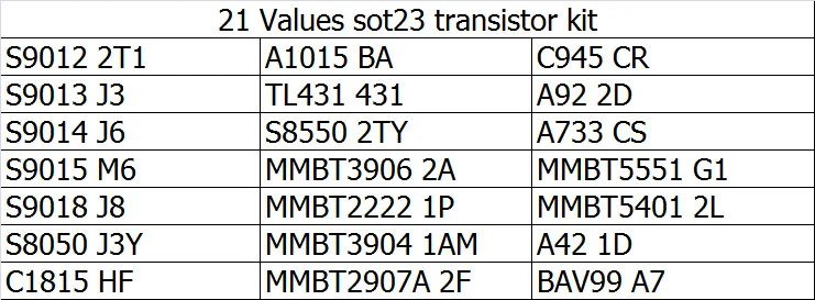 21valuesX10pcs=210pcs MMBT3904 MMBT3906 MMBT5401 MMBT5551 MMBT2222 S8050 S8550 SOT-23 Transistor Assorted Kit