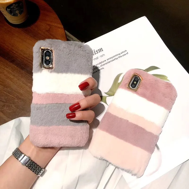 Girl Cute Rabbit Fur Plush Case For iPhone X XS 6S 7 8 Plus Silicone Winter Warm Back Cover Case For iPhone XS Max Fourrure Case (5)