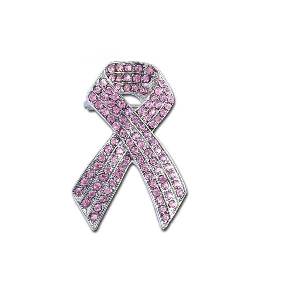 

MZC New Fashion Pink Bowknot Broches Pins Crystal Jewelry Rhinestone Alloy Silver Plated Breast cancer Brooches for Women Brosh