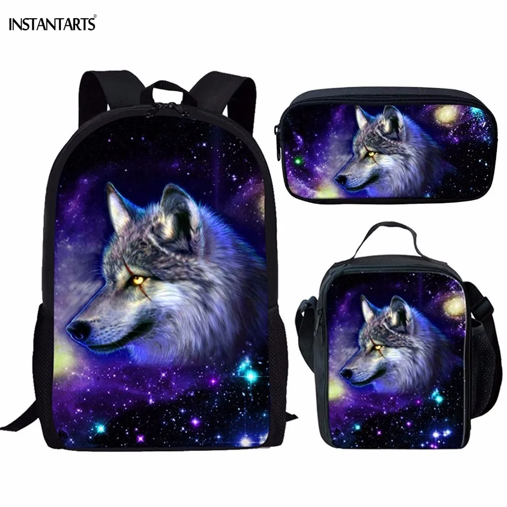 INSTANTARTS Cool Galaxy/Universe Wolf Print Schoolbag for Boys 3PCS Set