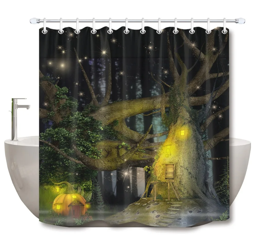 Fairytale Forest Landscape Fabric Shower Curtain with Non-slip Bath Rugs