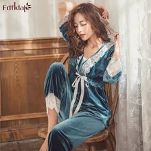 Fdfklak Women Autumn Winter Fashion Pajamas Sets High Quality Gold Velvet Pyjama Set Sexy Lace Ladies Sleepwear Pijamas Suit