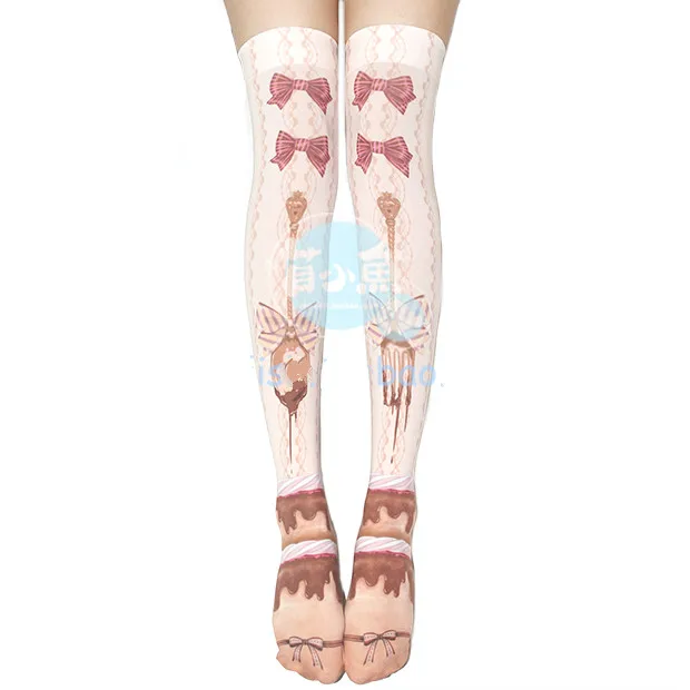 

Princess sweet lolita stockings Fish baby HARAJUKU style soft amo bow chocolate spoon desert over-the-knee print stockings LKW00