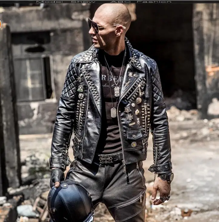 Мотоциклетная кожаная мужская куртка в стиле хип-хоп с заклепками в стиле панк, кожаная куртка с отворотом, Корейская версия, диагональная молния, красивый
