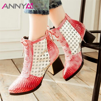 

ANNYMOLI Women Shoes Autumn Ankle Boots Sneak Print Chunky High Heel Short Boots Zipper Lace Up Shoes Female Winter Red Size 43