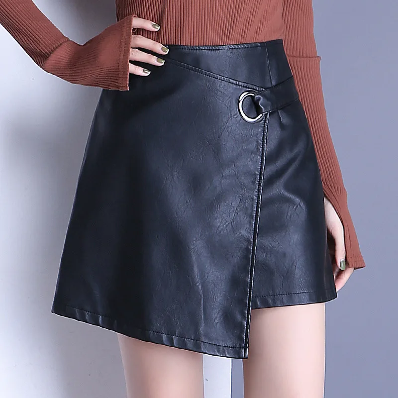 SWYIVY womens skirts PU leather autumn winter 2018 new female casual mini skirt irregular A line high waist short slim skirts