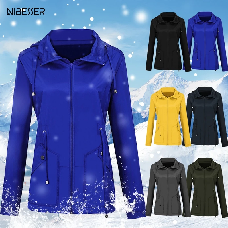 

Women Casual Jackets Plus Size Solid Color Windproof Rainproof Windbreaker Hooded Coat Jackets Autumn Women Zipper Coats 3XL