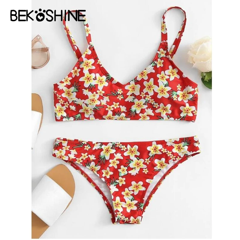 BEKOSHINE 2 Colors Women Bikini Set Swimwear Print Flowers Biquini