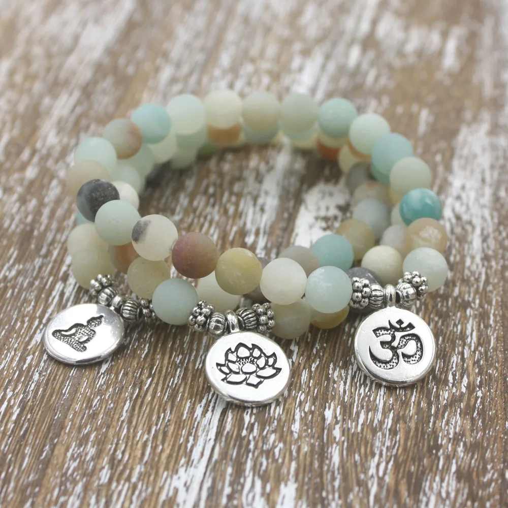 

1pcs 8mm Matte Frosted Amazonite beads with Lotus OM Buddha Charm Yoga Bracelet wholesale