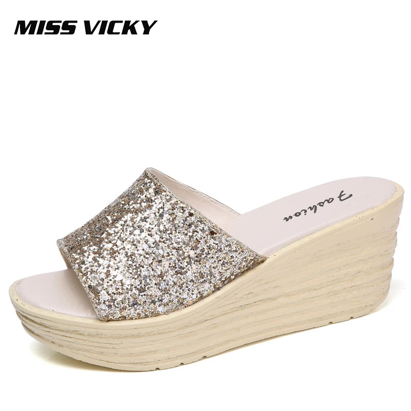

2019 Summer New Sequined Slippers Slope Thick Crust Outdoor Sexy Shoes