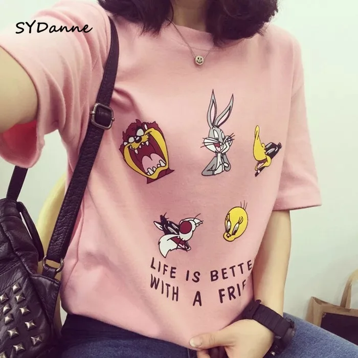 

Harajuku White T Shirt Tshirt Cotton Vintage Plus Size Pink Female T-Shirt Korean Style BF Harajuku Loose Sleeved Top Clothes