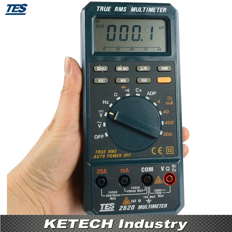 

True RMS Multimeter 3 3/4 Digital LCD Ohms Diode Audible Continuity TES2620