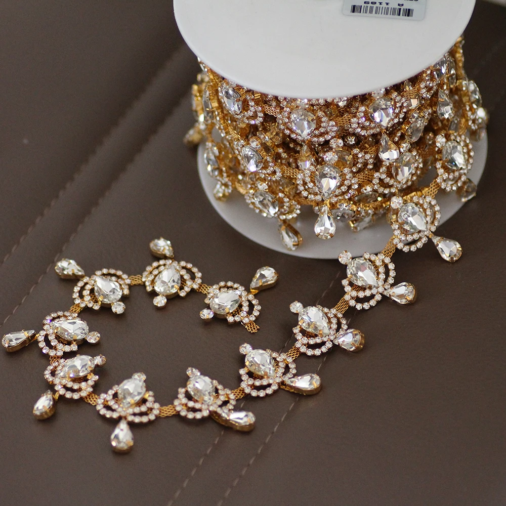 

Top-Grade Crystal Gold Rhinestone Cup Chain Waterdrop shape Tassel Silver BaseSew on Rhinestones for Wedding Dress Decoration