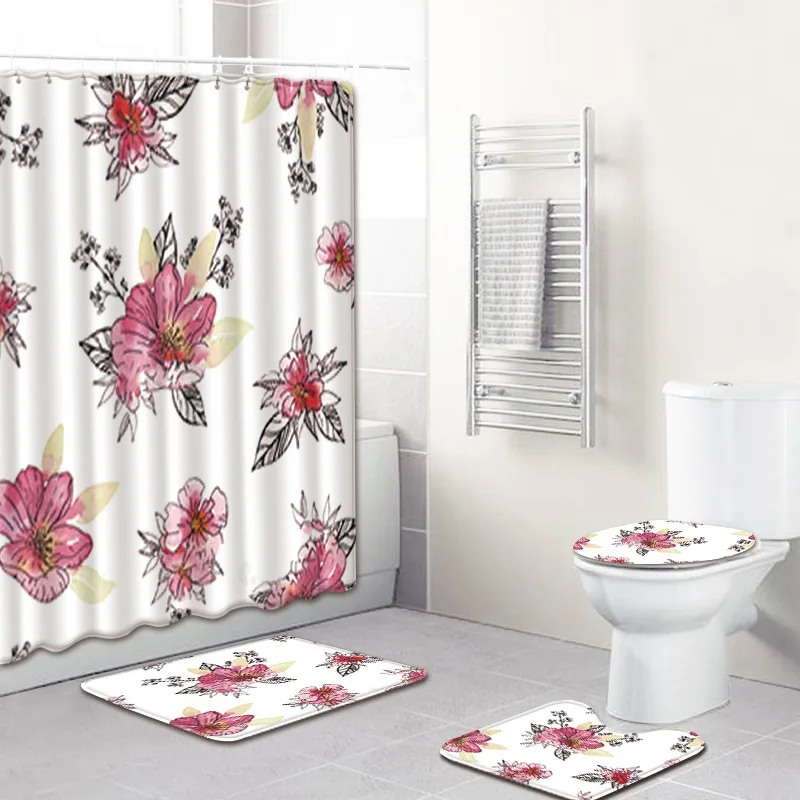 

Fabric Shower Curtain Flower Printing 4pcs Bath Mats Bathroom Carpet Set Anti Slip Toilet Mat Sets for Home Decor Bathroom Rug