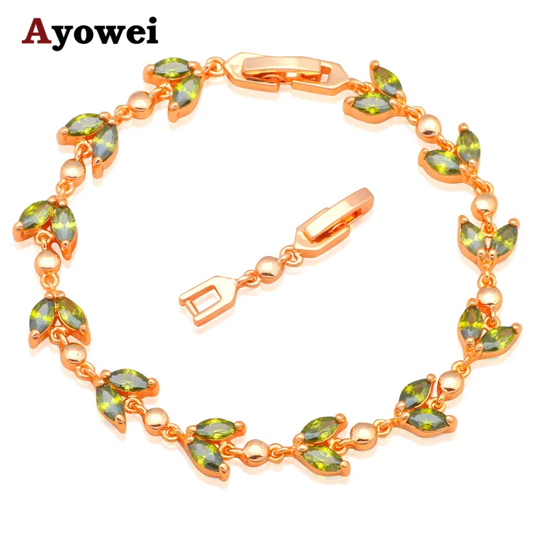 

Hot Sell 2016 Peridot Bracelets for Women Gold tone Leaves Design AAA Zircon & Green Crystal Fashion jewelry TB835A