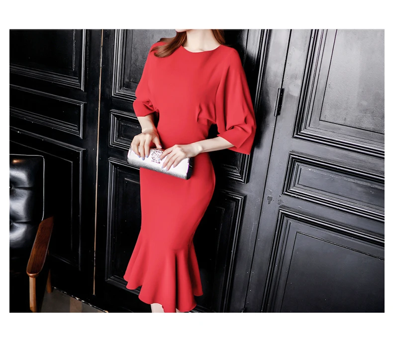 Vestidos весеннее торжественное платье Для женщин модные элегантные красные с рукавами «летучая мышь» Русалка облегающий, большой размер офиса OL женское платье