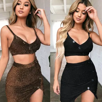 

Oufisun 2020 Summer New Sexy Arrivals Deep V-Neck Sleeveless Tops Mini Skirt Women Two Piece Outfits Night Club Outfits Tow Sets
