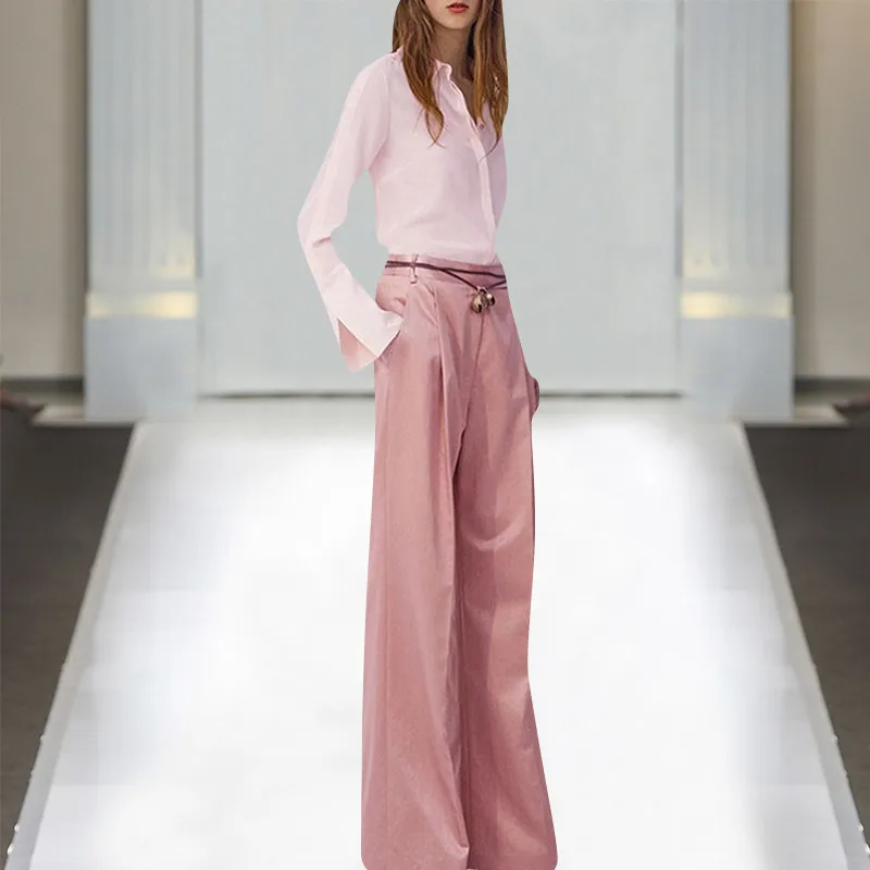 

Fashion Catwalk 2 Piece Pants Suit Set 2019 Spring New Designer Full Sleeves Pink Blouse+Trousers Set Elegant Work OL Outfits
