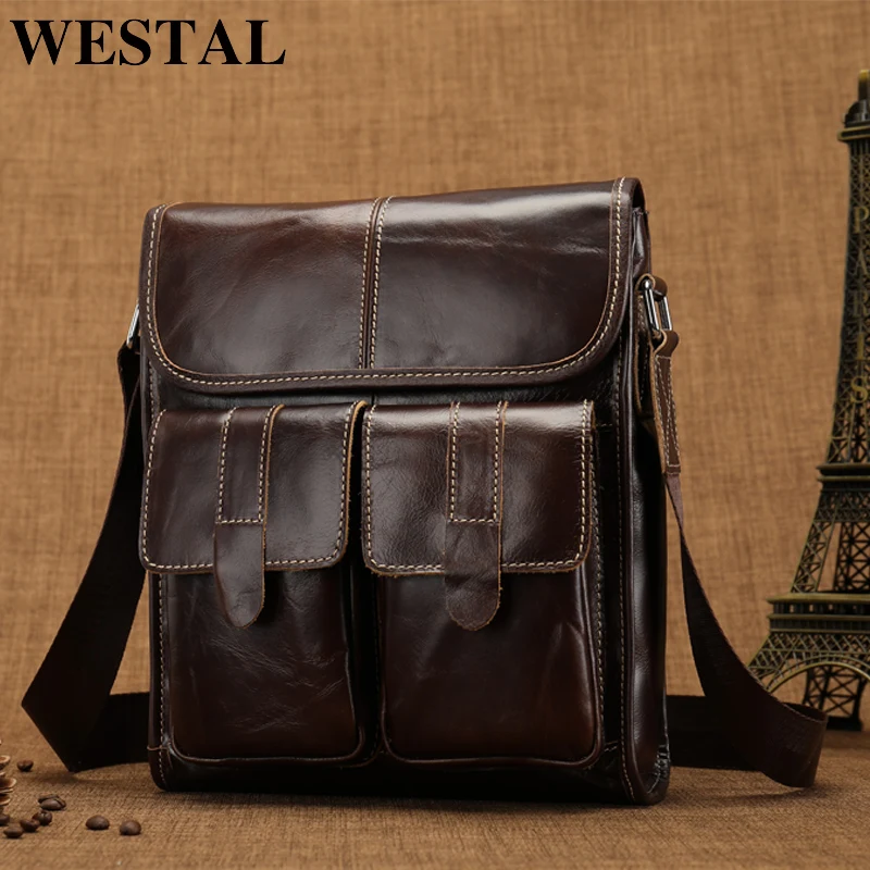 WESTAL حقيبة ساعي بريد للرجال جلدية Crossbody أكياس للرجال خمر الذكور جلد طبيعي حقيبة كتف رجل رفرف سستة الرجال أكياس 366