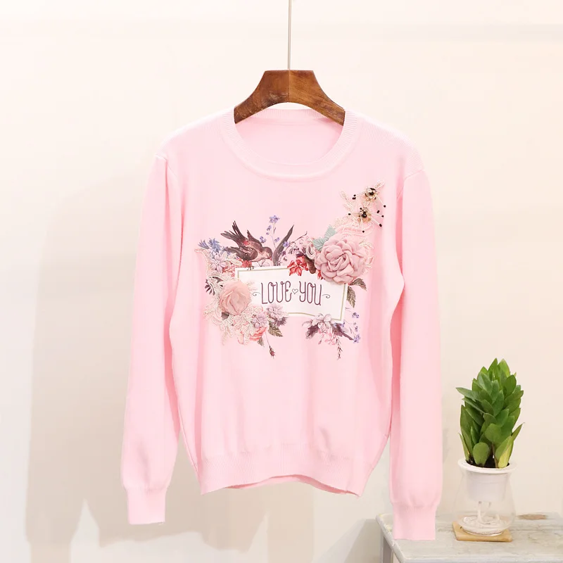 2 Pantalon Broderie Floral Chandail Costumes Jeans Tricoté Automne Pièces Ensemble Oiseaux Femmes 2018 Hiver Deux RE8xS