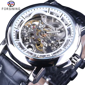 

Forsining Waterproof Gear Movement Transparent Genuine Leather Mens Clock Skeleton Mechanical Automatic Watches Top Brand Luxury