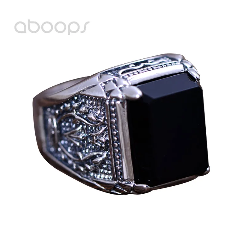 

Vintage Black 925 Sterling Silver Rectangle Natural Onyx Stone Ring Engraved Fire for Men Boys Size 7.5 8 9 10 11 11.5
