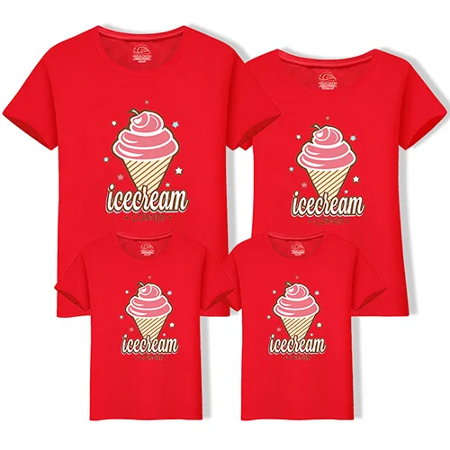 New short sleeve family t-shirts summer tops ice cream printed mother father baby cotton shirt tees family look matching clothes - Цвет: Красный