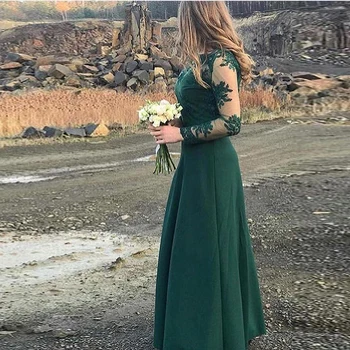 

Vestido de festa longo Long Sleeves Bridesmaid Dresses Dark Green Lace Formal Party Dress A-line Honor Maid Of Honor Dress