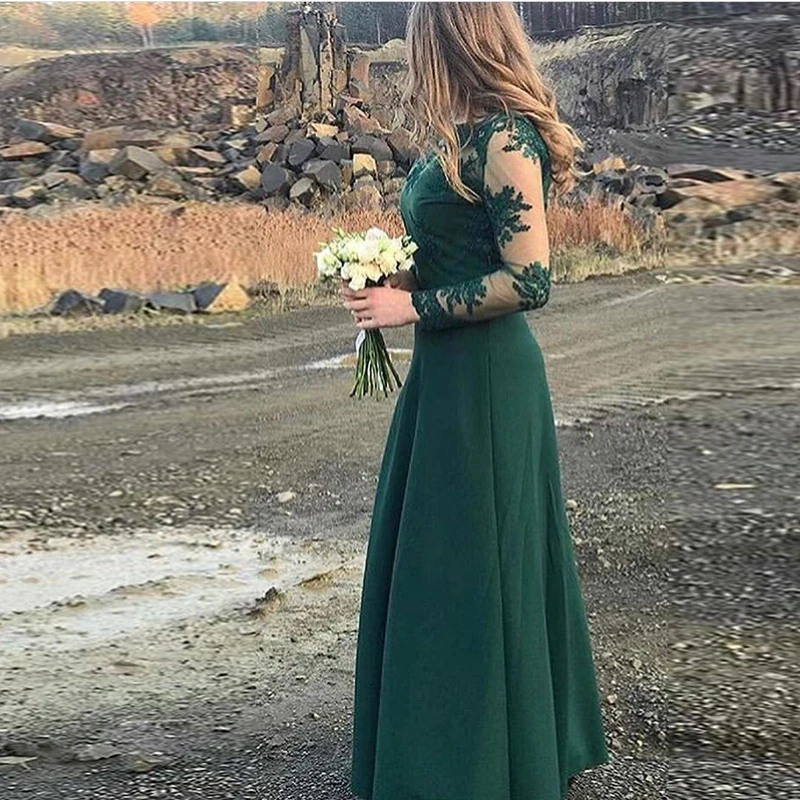 Vestido de festa longo платья подружки невесты с длинными рукавами темно зеленое кружевное