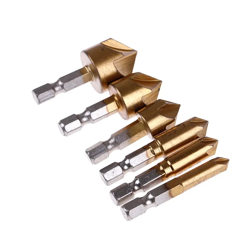 NEW High Carbon Steel 5 Flute Countersink Titanium Coated Drill Bits Set for Woodworking Hex Shank 6,8,9,12,16,19mm