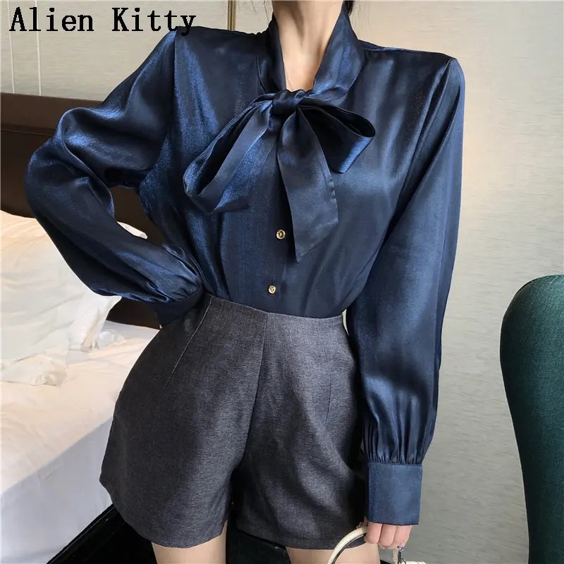 

Alien Kitty 2019 Spring Bows Sweet Solid Simple Fresh Free Long Sleeves High Quality Casual Loose Elegant Female Shirt 4 Colors