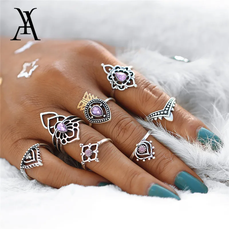 

Vintage Flower Rings Set For Women Boho Crystal Purple Tibetan Knuckle Midi Rings Punk Style Retro Jewelry Female Accessories