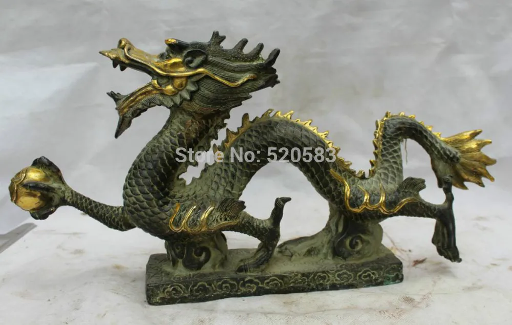 

20" China Folk Feng Shui Bronze Gild Zodiac Year Dragon Hand Bead Success Statue