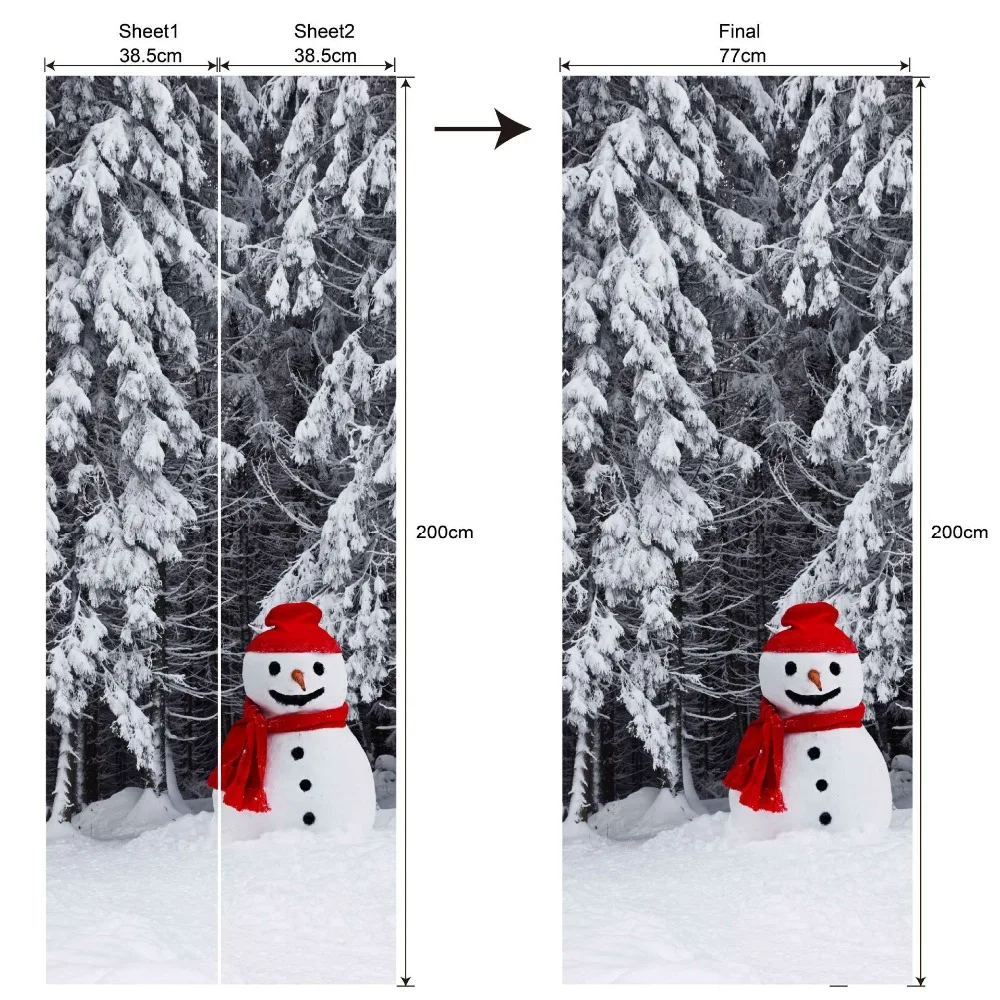 Рождественский декоративный домашний декор, 3D стикер на дверь, сделай сам, снеговик, художественная Фреска, виниловые обои, наклейки, плакат на дверь, 77*200 см/90*200 см