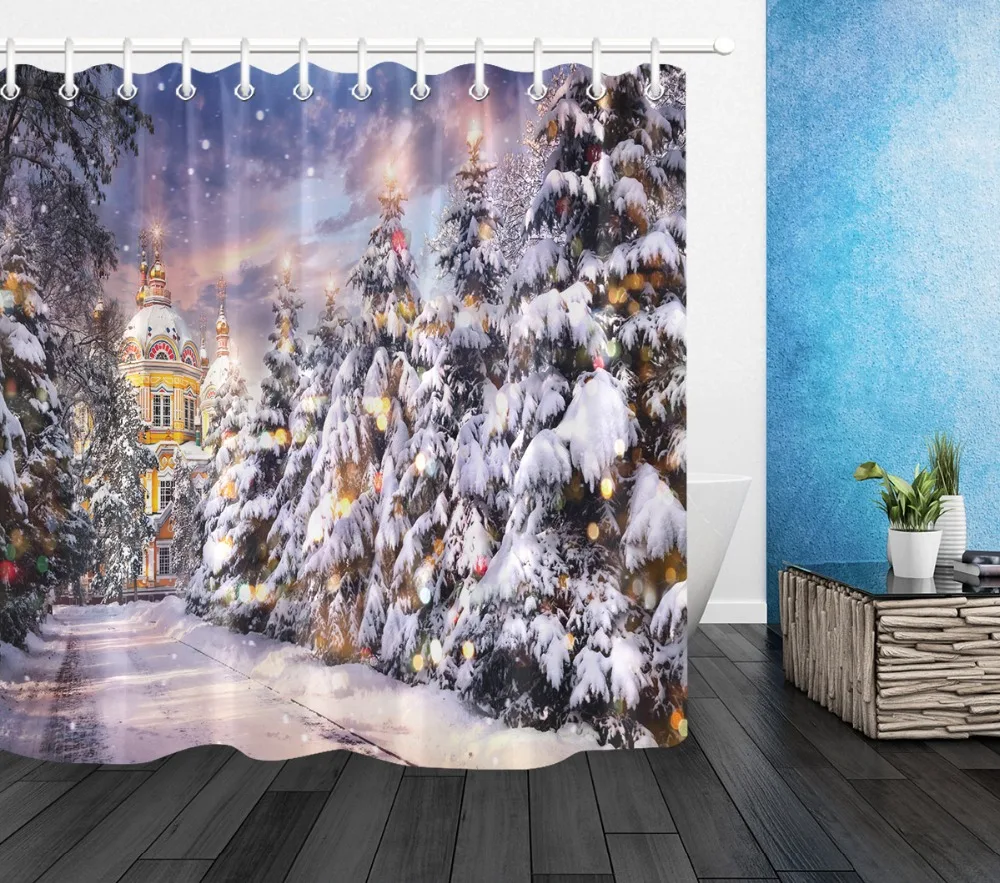 LB церкви с деревьями в снежную осень на Рождество в зимний Душ занавес с ковриком набор роскошная ванная комната ткань для ванной Декор