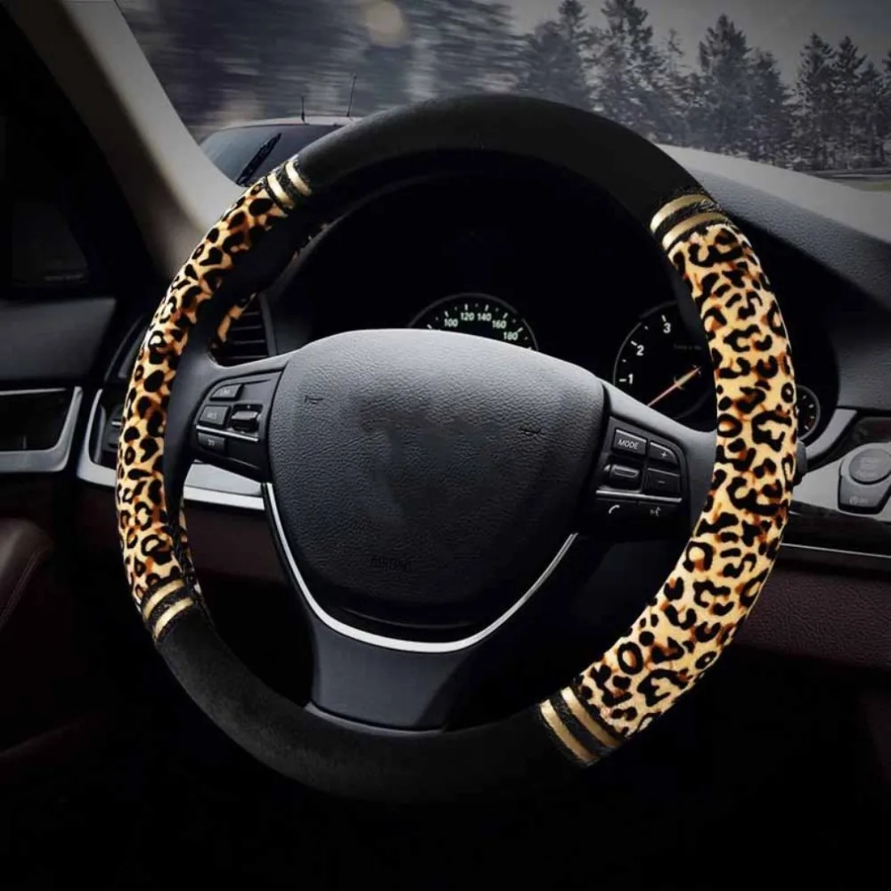 Car Steering Wheel Cover Kit Winter Soft Leopard Plush Accessories 38CM 15" Car Steering Wheel Cover Kit Winter Soft Leopard Plush Accessories 38CM 15"