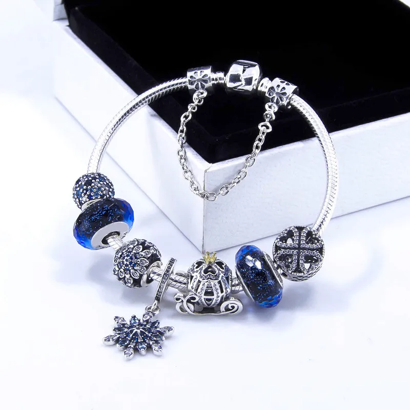 

925 Sterling Silver Crystalized Snowflake Clasp Snake Chain Basic Pandora Bracelets Bangle Fit Women Bead Charm DIY Jewelry