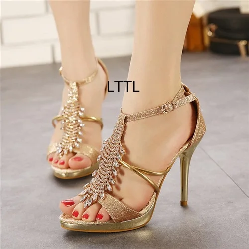 New Design Golden Crystal Sandals Fancy Ladies T strap Buckle Stiletto ...