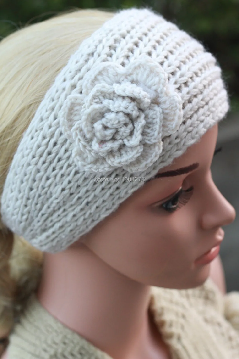 White Knit Headband With Flower Earwarmer Hair Accessorie Head wrap