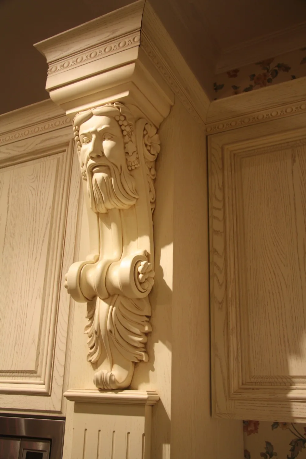

100% Customized wood kitchen furniture with elegant Roman column & crown moulding