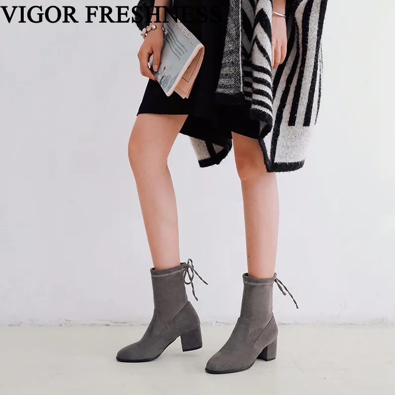 

VIGOR FRESHNESS Elastic Boots Women Shoes Middle Heels Woman Ankle Boots Autumn Spring Ladies Short Shoes Bota Feminina MY35