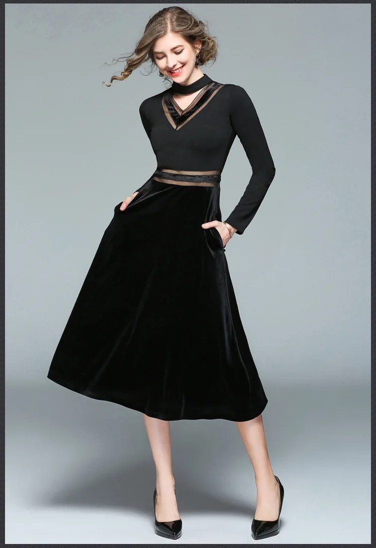 

Spring High Qualit Women 2018 V-neck Long-sleeved Mesh Sexy V-neck Velvet Dress